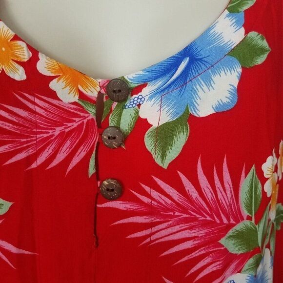 Tiki Palm Medium Red Sleeveless Floral Pull On Shift Dress Rayon Knee Length M - Picture 8 of 16